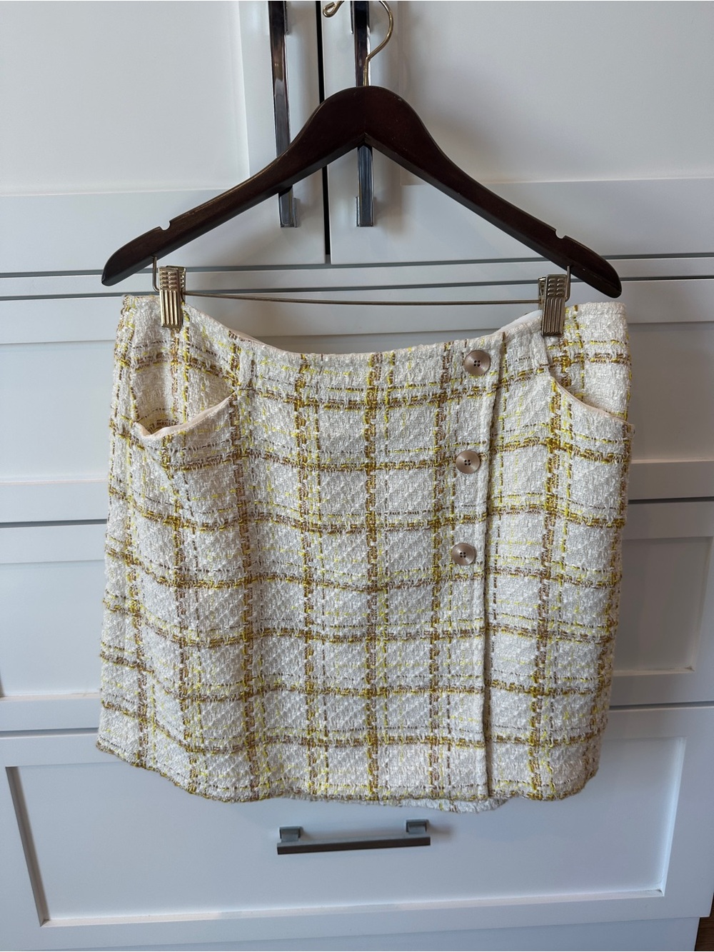 CAbi Ivory Tweed Mini Skirt with Gold Plaid